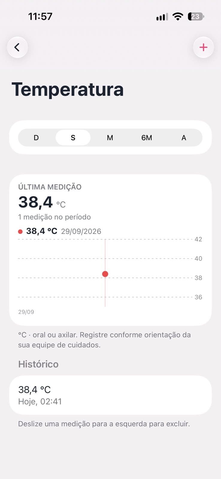 Tela Temperatura do app Aura Onco